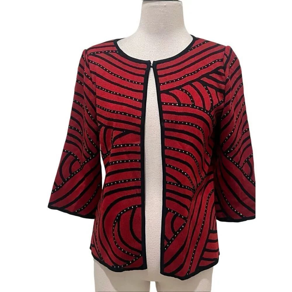 Ming Wang Womens Abstract StripedโStudded 3/4 Sleeve Knit Cardigan Red Black PS